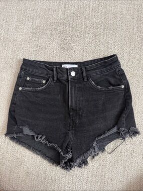 Zara Black Frayed Hem High-Waist Denim Shorts